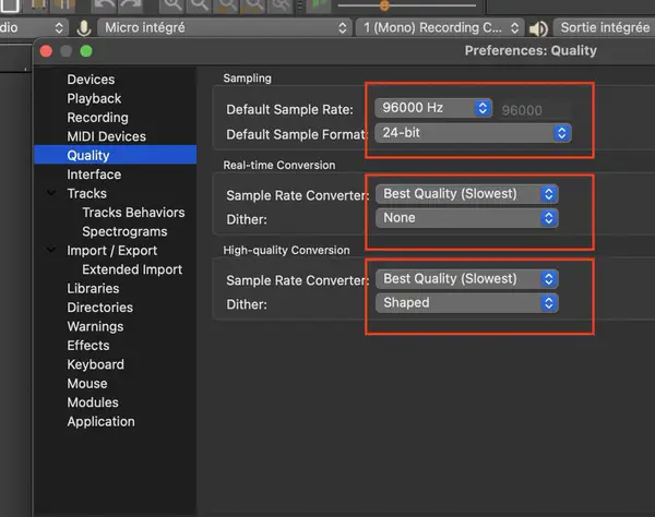 Quality Settings for iRig HD2 in Audacity