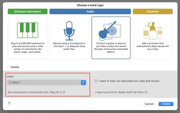 Input Settings for iRig HD2 in GarageBand