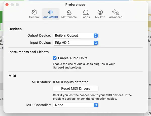 Quality Settings for iRig HD2 in GarageBand